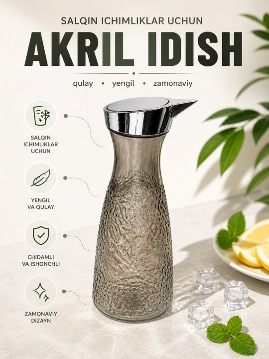 Moxito ichimligi uchun akril grafin idish, mustahkam, sinmaydigan suv quygich - 