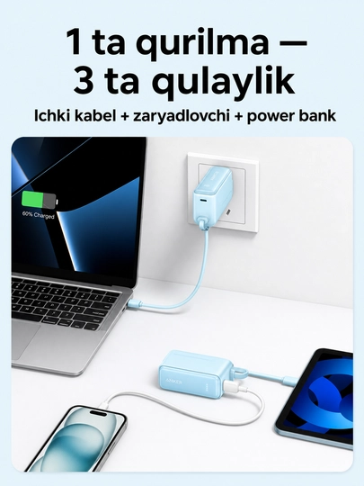 ⚡Anker Power Bank 5000mAh A1636 30W+zaryadlovchi qurilma-2 tasi 1 da USB-C kabel bilan 9