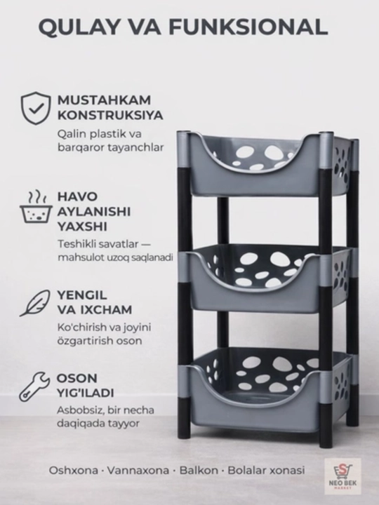 3 qavatli plastik etajerka – saqlash polkasi, oshxona va hammom uchun, mustahkam va ixcham