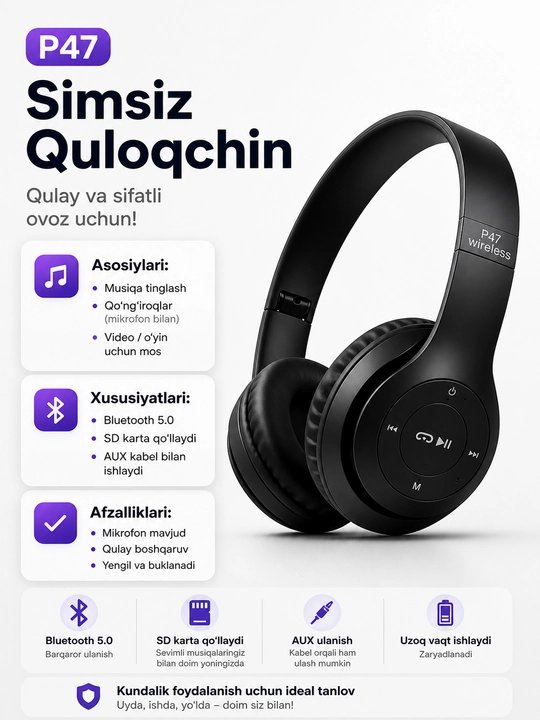 Simsiz quloqchinlar P47, Bluetooth 5.0, yig'iluvchan, mikrofon bilan, shovqinsiz