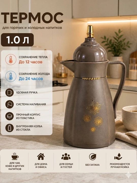 Termos 1 L DAY-DAYS arabcha dizaynli, issiq va sovuq ichimliklar uchun, qulay tutqichli - 