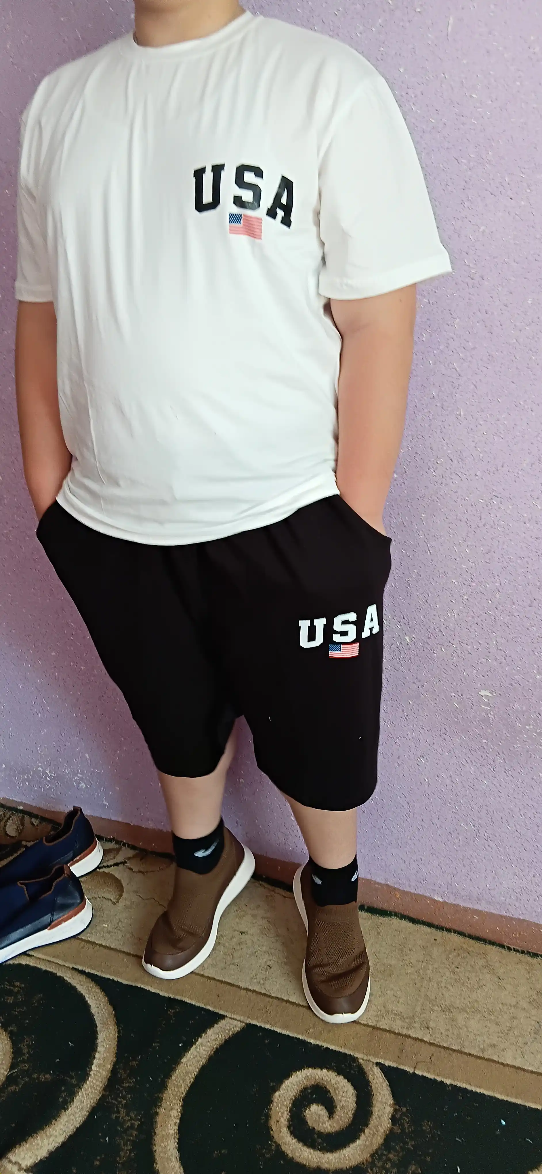 Erkaklar sport kostyumi futbolka + shortik, AQSH bosma, yozgi to‘plam