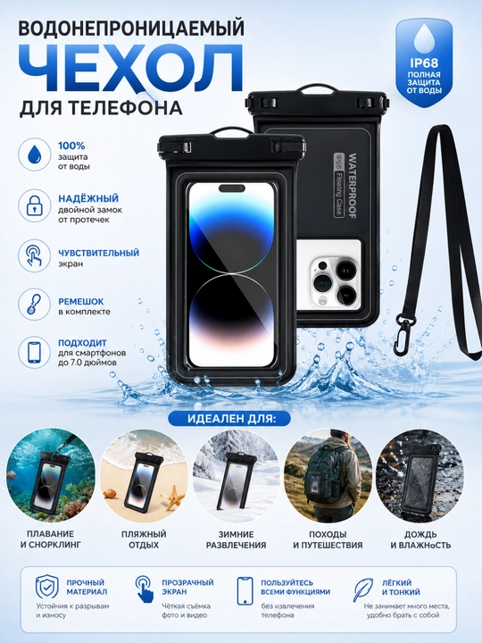 Водонепроницаемый чехол для телефона IP68 с ремешком - 