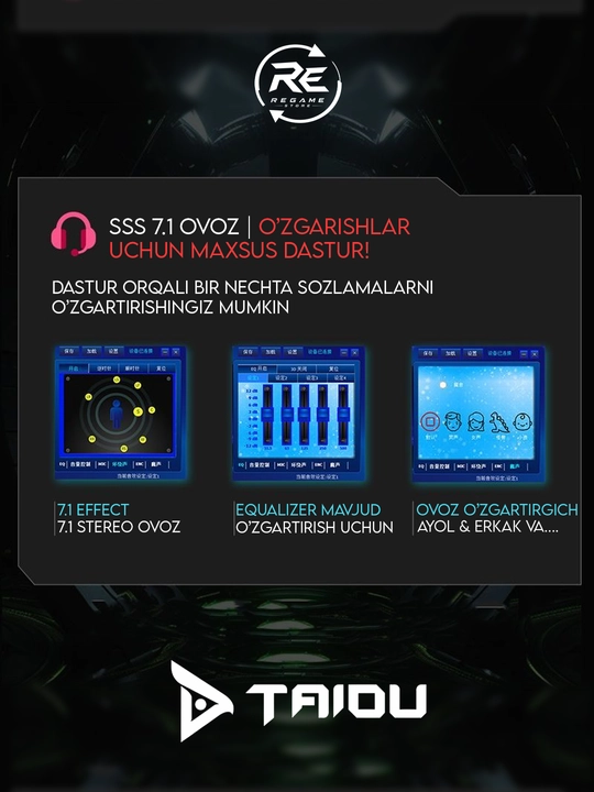 O‘yin quloqchinlari Taidu THS310PRO , USB kabel bilan