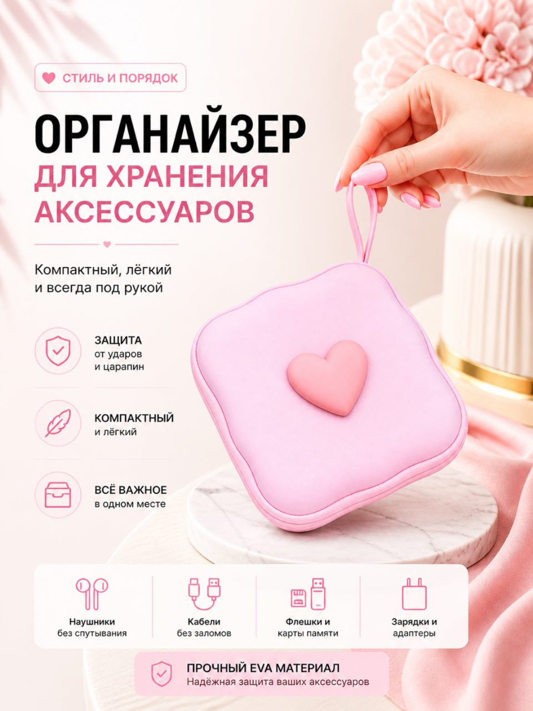 Органайзер-чехол для наушников и кабелей, силиконовый кейс для аксессуаров EVA - 