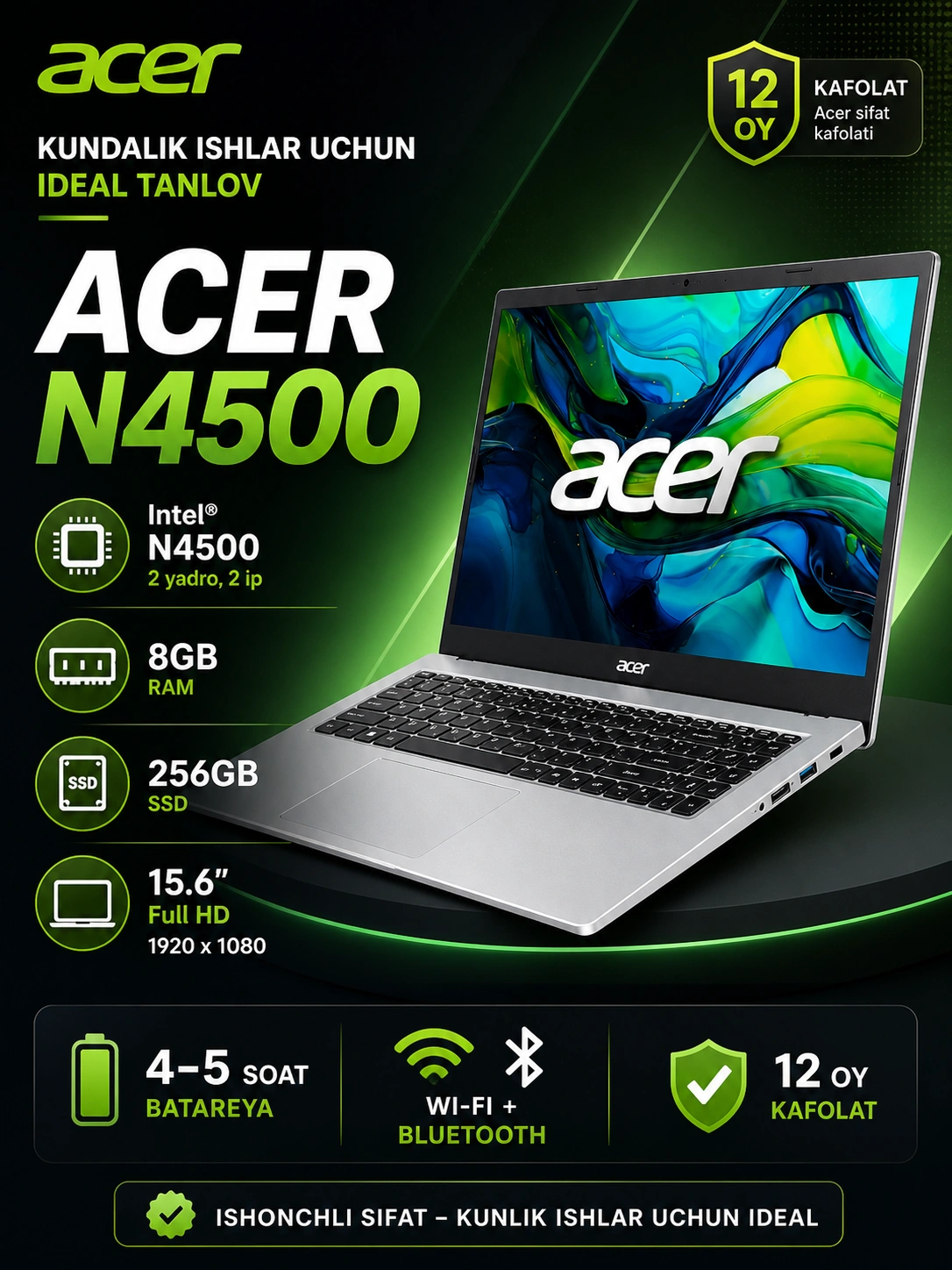 Ноутбук Acer Aspire Lite Celeron N4500/ DDR4 8GB/ SSD 256GB/ 15.6 FHD IPS/ Windows 11 за 3999000 сум со скидкой 27%. Uzum Market