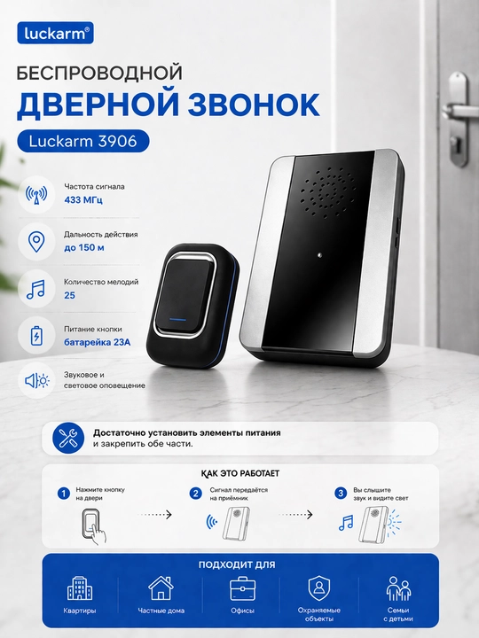 Simsiz eshik qo‘ng‘irog‘i Luckarm 3906, kuchli signal, oson o‘rnatish