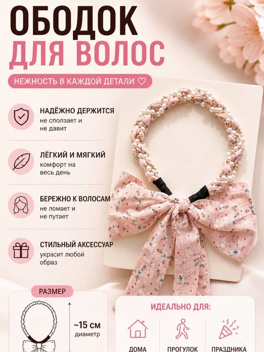 Ободок для волос с бантом и жемчугом мягкий стильный аксессуар - 