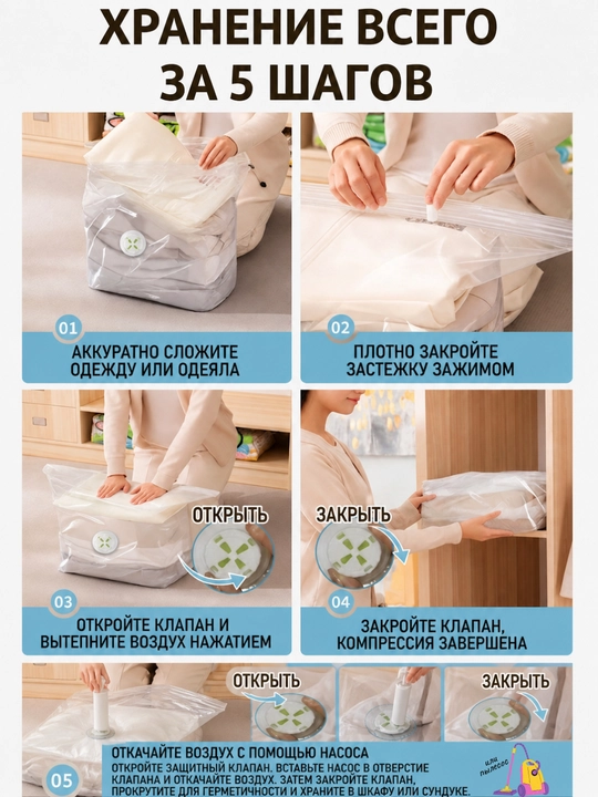 Вакуумный пакет для хранения вещей и одежды с вешалкой на 5 ячеек,Подвесной,многоразовый