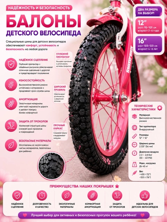 Детский велосипед 12/16 дюймов с корзиной и боковыми колёсами для девочек