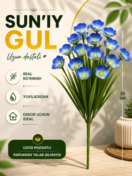 Suniy Gul – Realistik Sariq Dekorativ Gul, Uy va Ofis Uchun - 