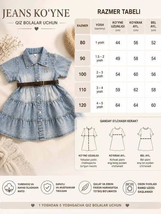 Джинсовое легкое летнее платье для девочек, 1-6 лет, размеры 80, 90, 100, 110, 120