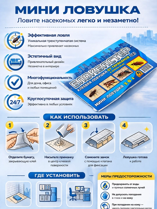Клеевая ловушка от тараканов и муравьев Блокбастер XXI мини 3в1