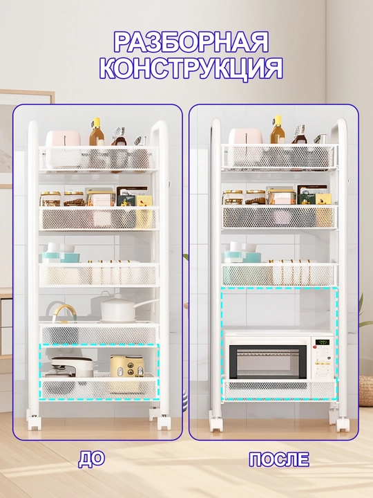 Металлический стеллаж на колёсиках для кухни, спальни, ванной комнаты и туалета