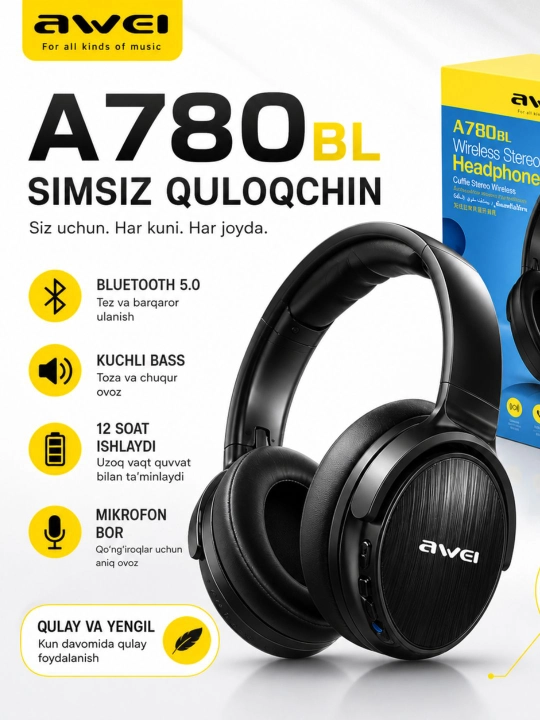 Bluetooth quloqchin AWEI A780BL mikrofonli, uzoq quvvat - 