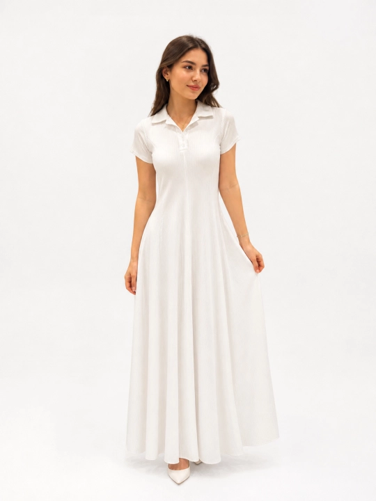 Ayollar uchun uzun polo yoqali ko‘ylak, ribana matoli, qisqa yengli, casual maxi fason - 