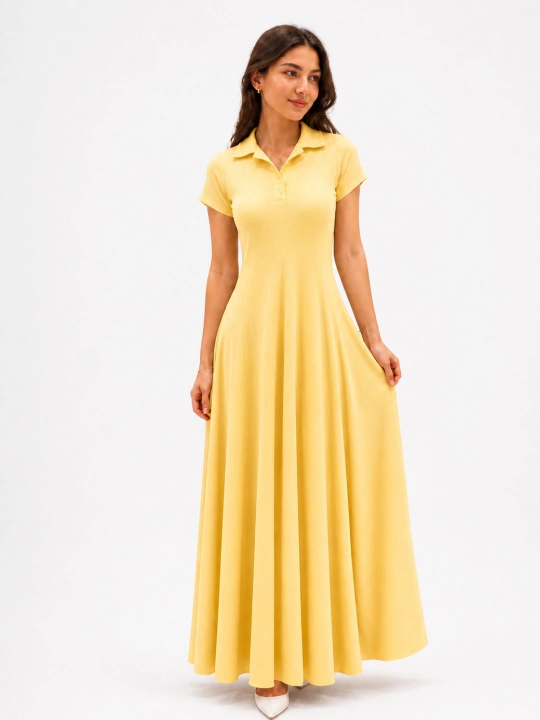 Ayollar uchun uzun polo yoqali ko‘ylak, ribana matoli, qisqa yengli, casual maxi fason - 