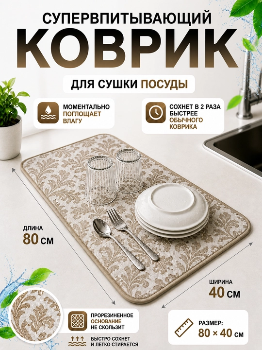 Idish quritish kovrigi, oshxona kovrigi 80x40, suv shimuvchi mat, idish quritgich mat - 