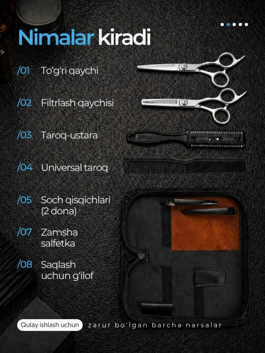 Professional sartaroshlik to‘plami, soch olish uchun qaychilar, filirovka
