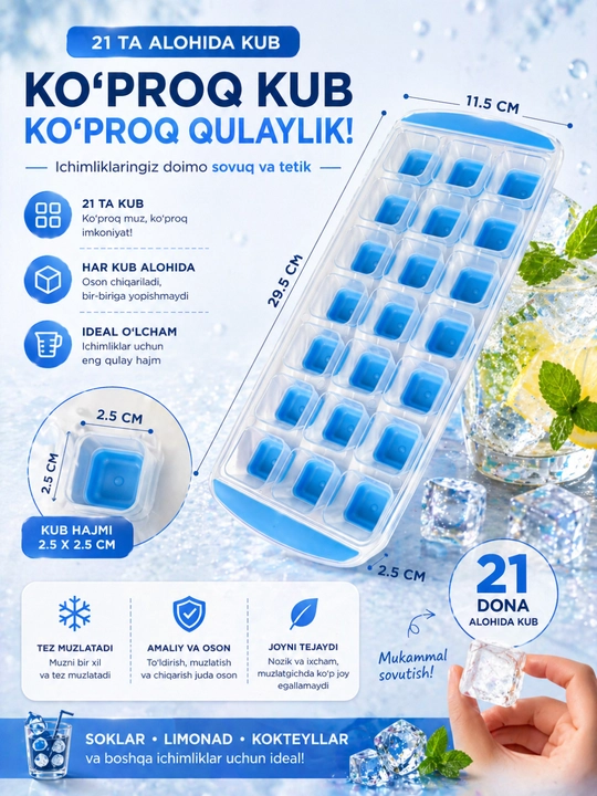 Muz qolipi silikon 21 dona, muz kub qolip, muzlatgich uchun - 
