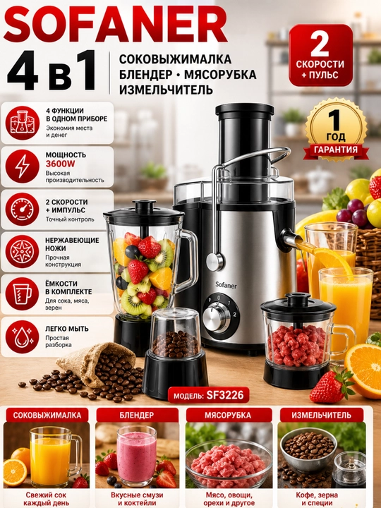 Кухонный комбайн Sofaner 4 в 1 – соковыжималка, блендер, кофемолка, измельчитель - 