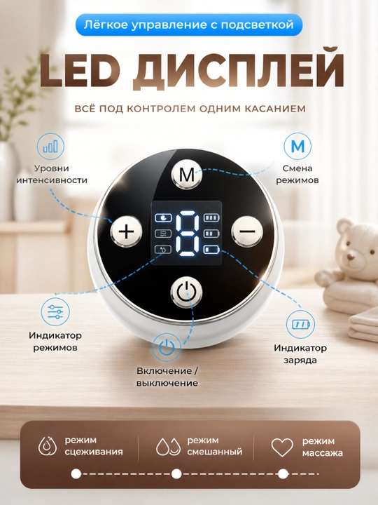 Elektr ko'krak pompasi, uch fazali, massaj funksiyali, oziqlantiruvchi shishasi bilan