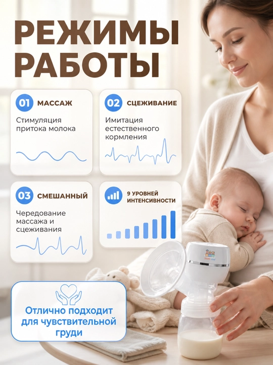 Elektr ko'krak pompasi, uch fazali, massaj funksiyali, oziqlantiruvchi shishasi bilan