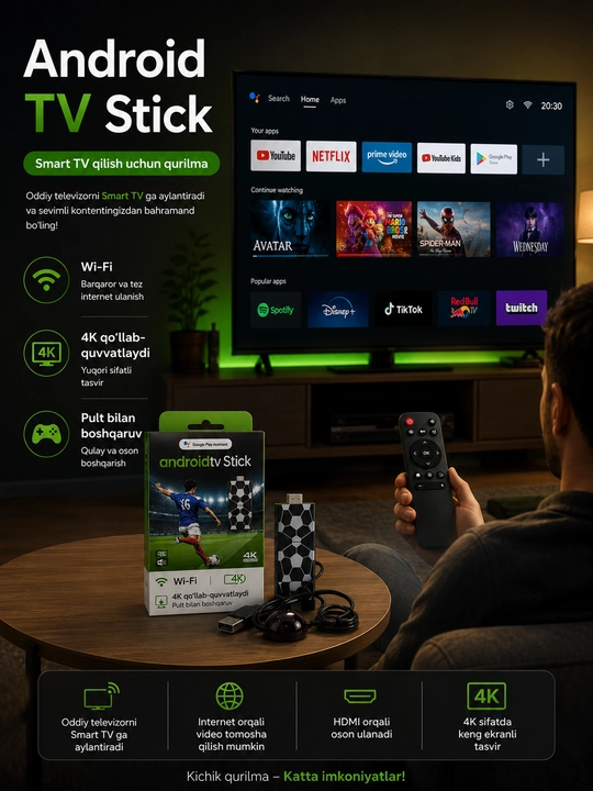 Android TV Stick 4K с Wi-Fi медиаустройством