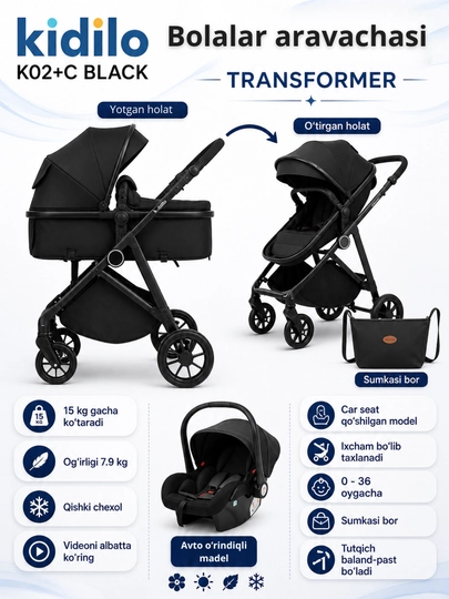Детская коляска с большой сумкой, трансформер коляска — BABYMOM-K2KIDILO-ЧЕРНСТЕ