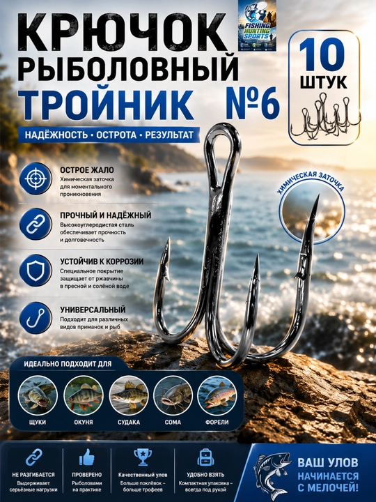 Крючки для рыбалки тройники 10 штук  - 