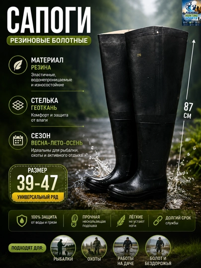Сапоги резиновые, болотные, защита от воды, до бедра