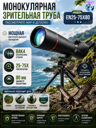 Мощная зрительная труба для охоты и спорта 25-75 крат, 80 мм
