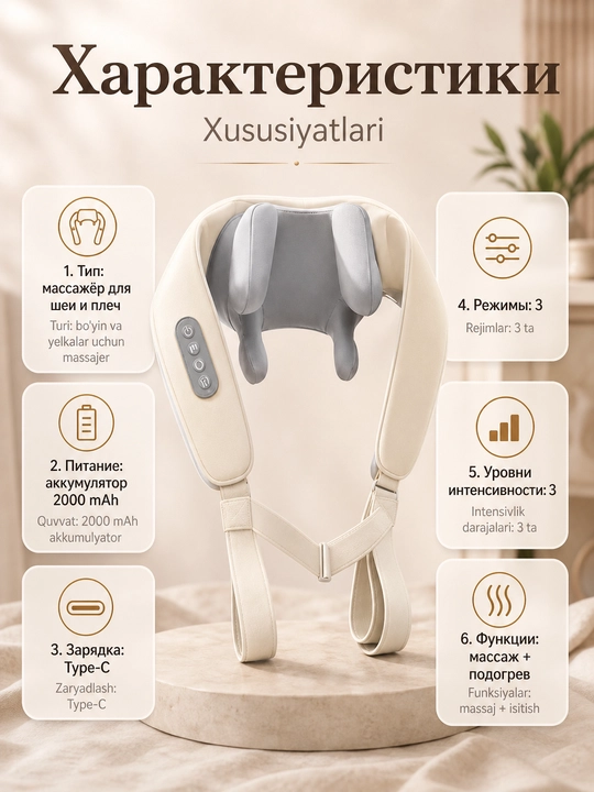 Массажёр для шеи и плеч с подогревом, беспроводной шиацу-массажер, 3 режима, 3 уровня