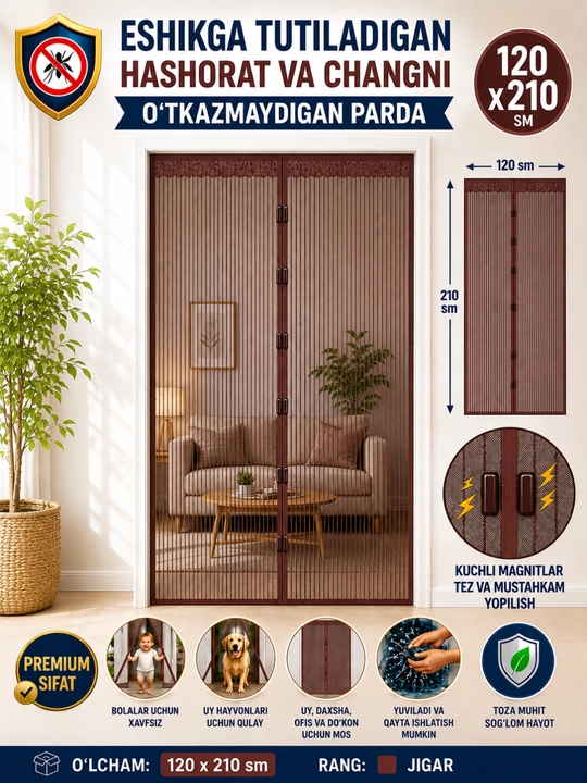 Eshik uchun maginitli parda, chang va hashoratlardan himoya qiladi, lipuchkasi bor - 