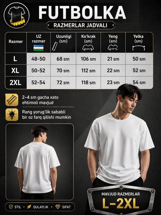 Asosiy, universal, kundalik kiyish uchun qulay, unisex futbolka