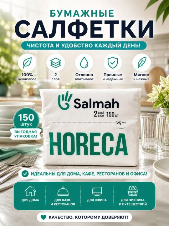 Salmah HORECA — экологические салфетки, 2 слоя, 150 шт., в упаковке 300 / 450 шт
