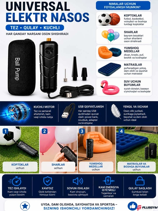 USB universal elektr nasosi, shishiriladigan to‘shak, koptok uchun, portativ nasos - 