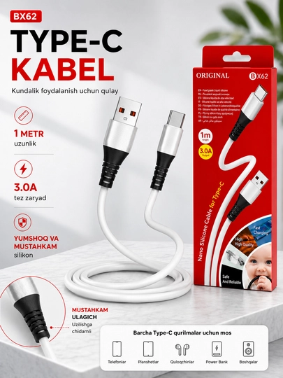 Кабель Type-C BX62 (1 м, быстрая зарядка 3,0 А, силиконовое покрытие) - 
