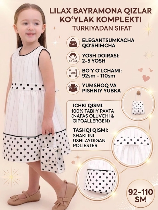 Qiz bolalar uchun ko'ylak, sumkachasi bilan, Turkiya