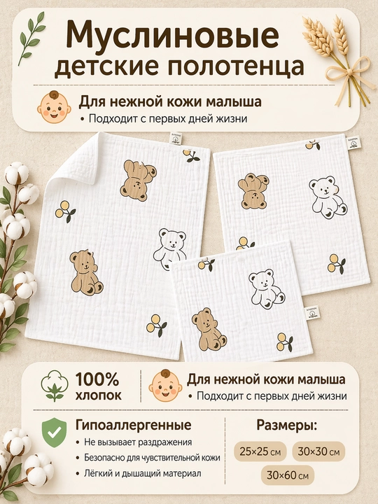 Детские полотенца из муслиновой ткани - 