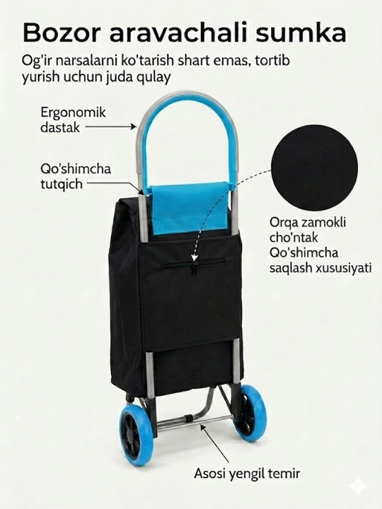 Arava sumka, shopper sumka, g'ildirakli sumka, bozor sumkasi, katta sumka, 30 kg yuk uchun