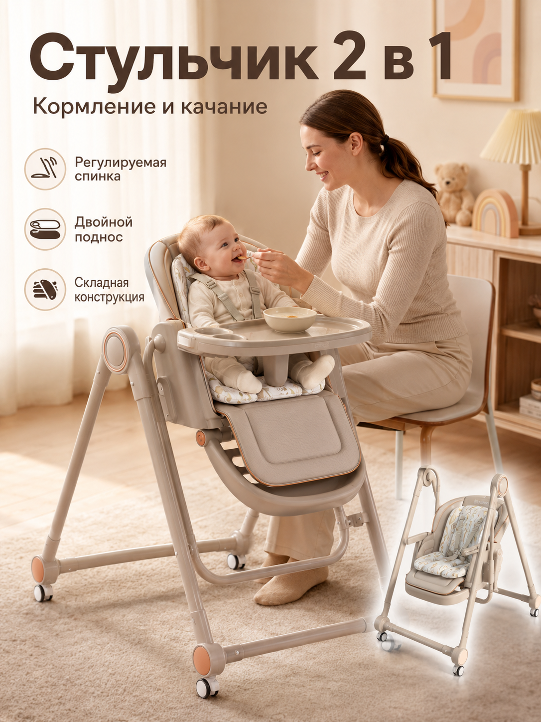 Стульчик для кормления 2в1 качели складной 160° качание двойной столик Popypara S-07 - 