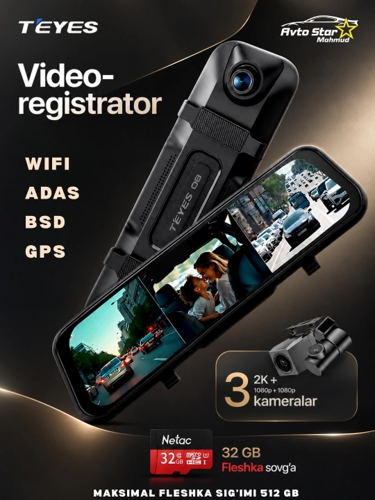 Видеорегистратор TEYES Q8 3 камеры 4K + 1080P WiFi, ADAS - 