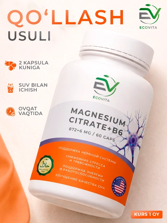 ECOVITA Magniy sitrat + B6 872 + 6 mg — asab tizimi uchun, 60 kapsula
