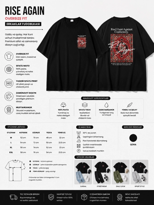 Erkaklar oversize futbolka Rise Again print premium cotton sifatli