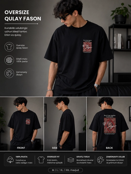 Erkaklar oversize futbolka Rise Again print premium cotton sifatli