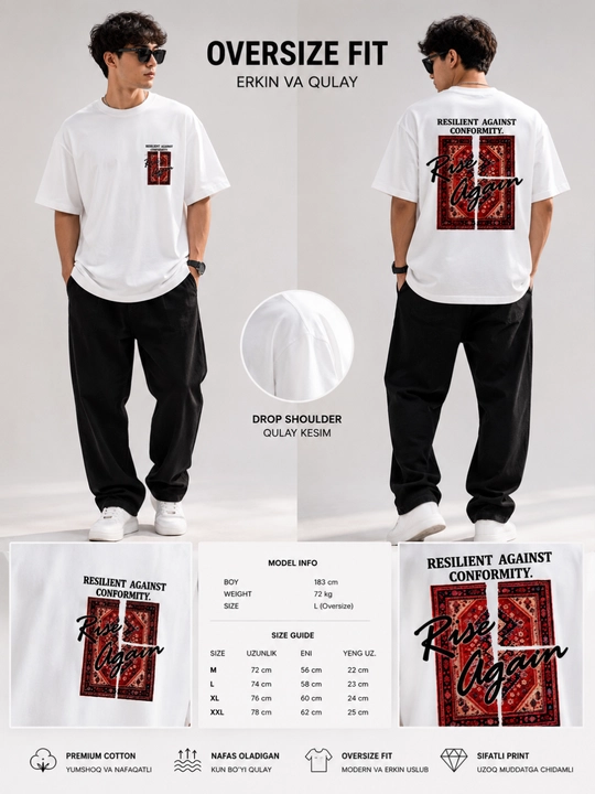 Erkaklar oversize futbolka Rise Again print premium cotton sifatli
