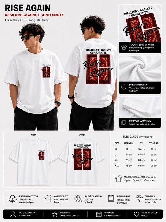 Erkaklar oversize futbolka Rise Again print premium cotton sifatli