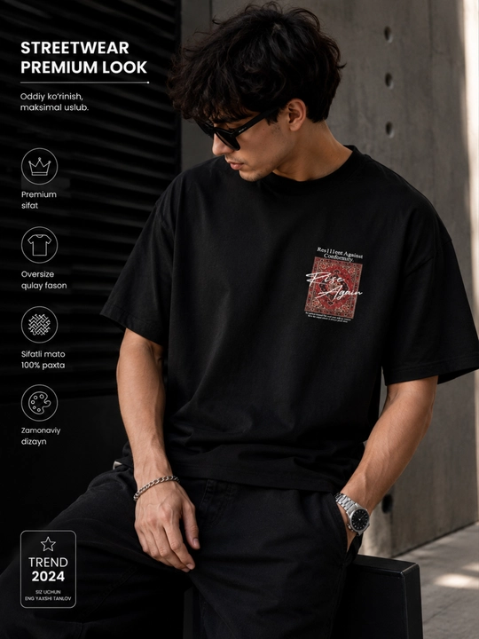 Erkaklar oversize futbolka Rise Again print premium cotton sifatli