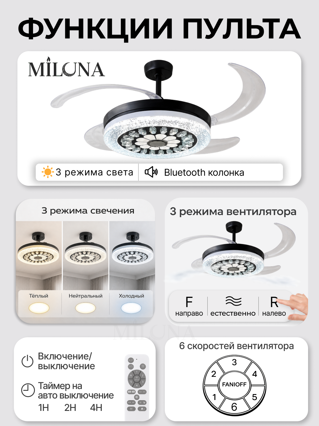 Lyustra shift ventilyatorli LED 90 sm, pultli, 3 rejim, Bluetooth kolonka qandil va lustra